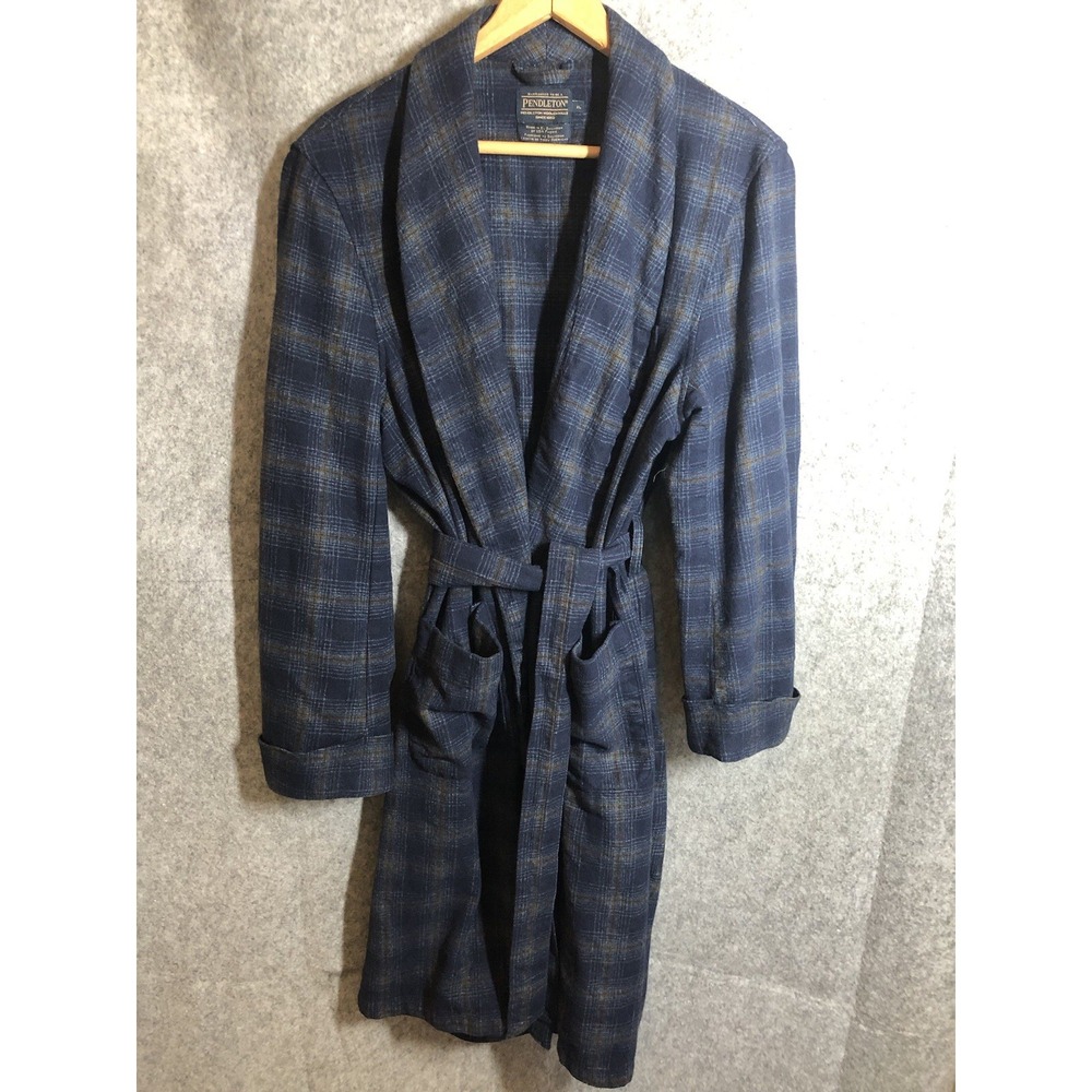 Pendleton Robe Mens XL Blue Plaid Wool Shawl Collar Belted Pockets Classic